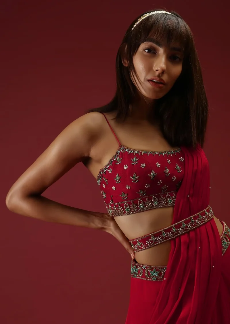 Cranberry Red Ready Pleated Saree With A Multicolored Hand Embroidered Blouse And Belt - Image 6