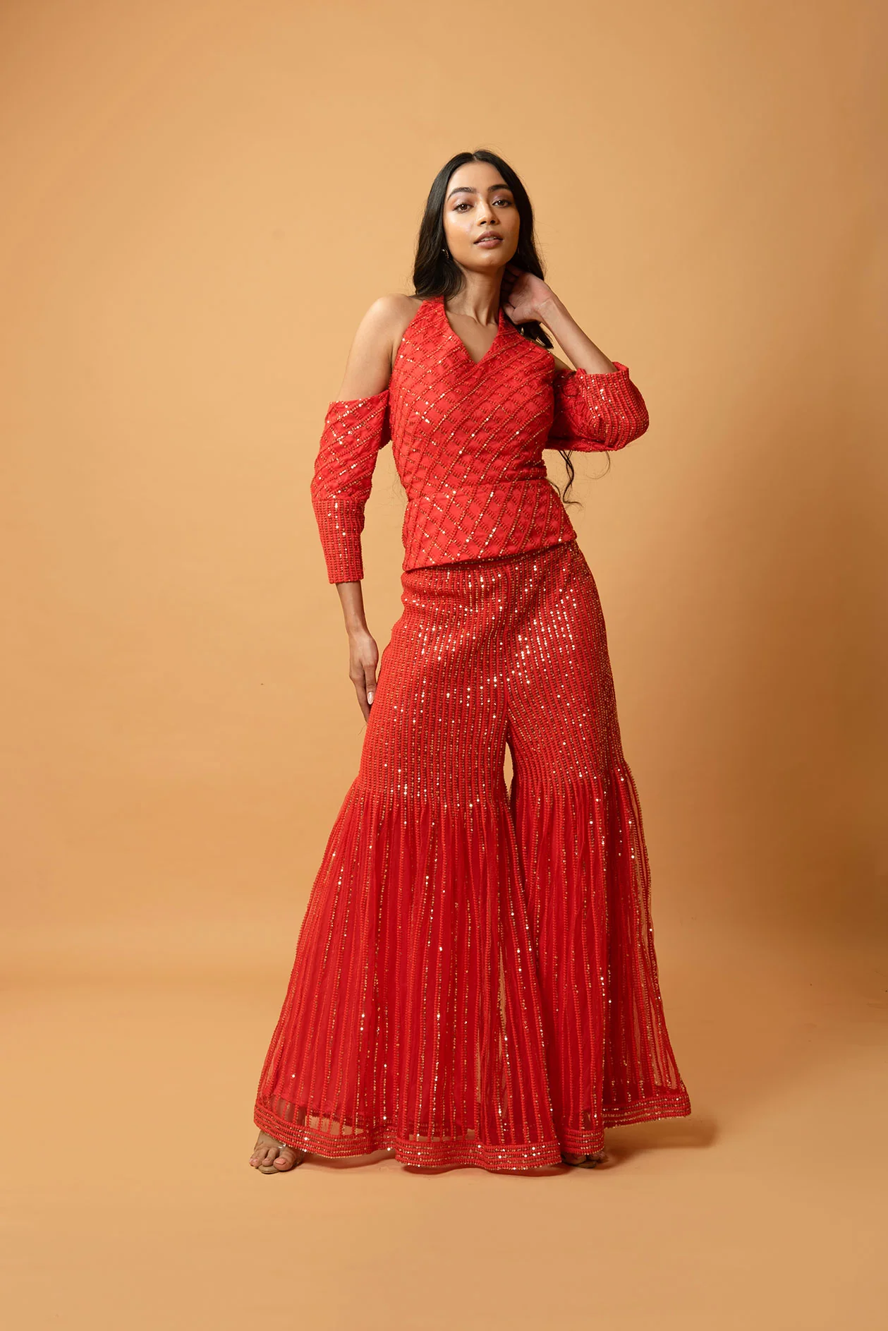 Crimson Red Machine Embroidered Sharara Set