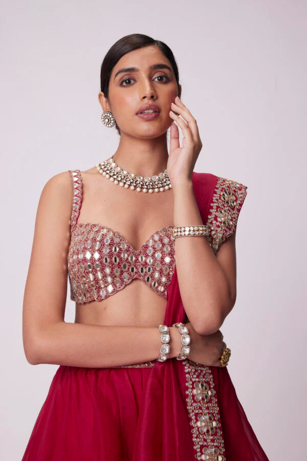 Crimson Red Organza Hand Embroidered Lehenga Set - Image 2