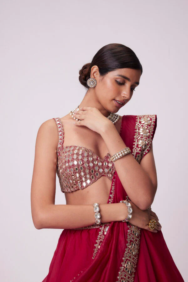 Crimson Red Organza Hand Embroidered Lehenga Set - Image 3