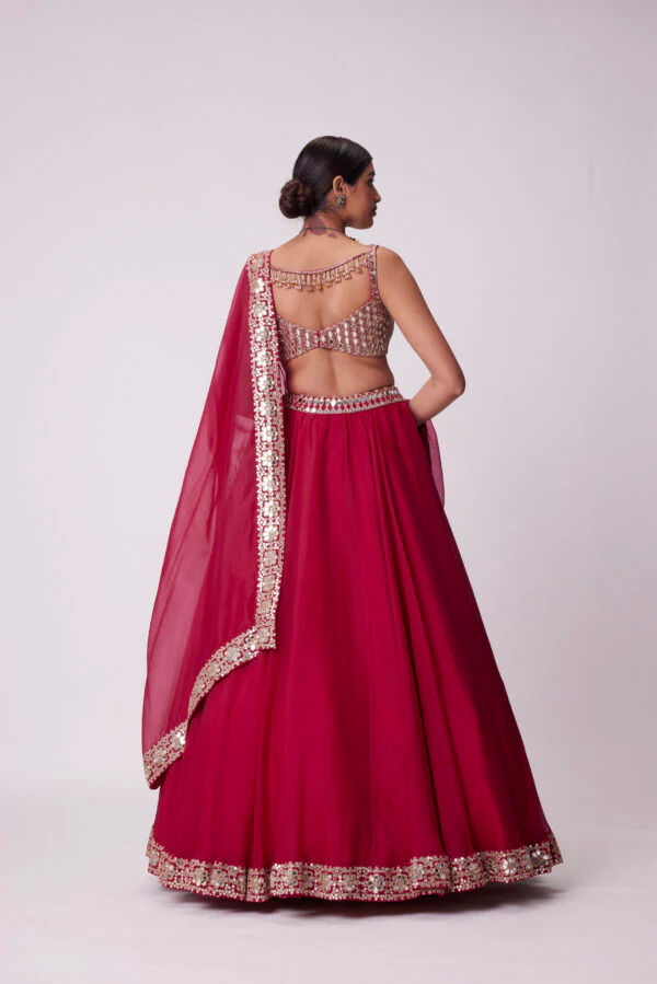 Crimson Red Organza Hand Embroidered Lehenga Set - Image 4