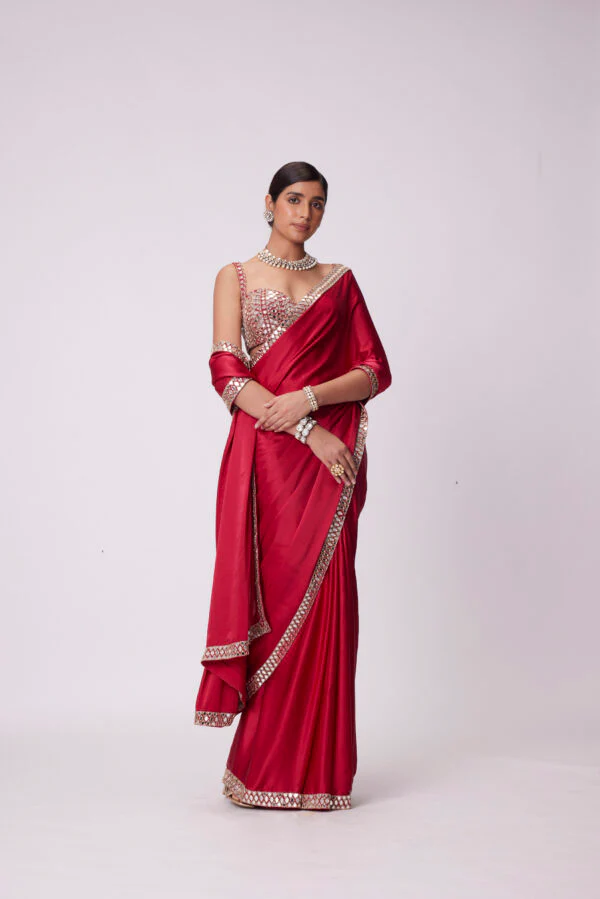 Crimson Red Satin Saree Set - Image 3