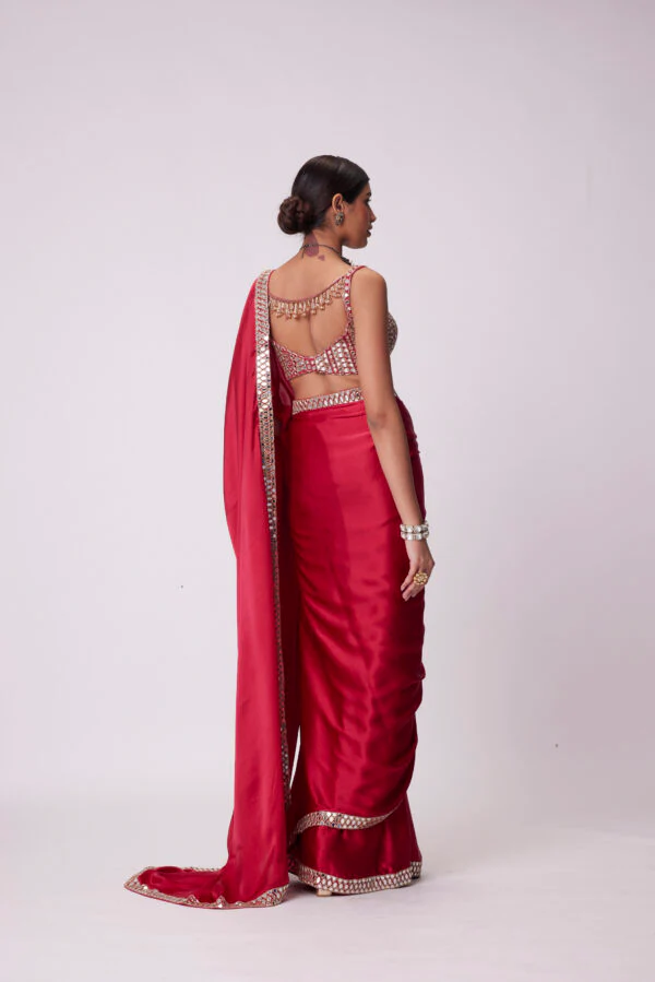 Crimson Red Satin Saree Set - Image 4
