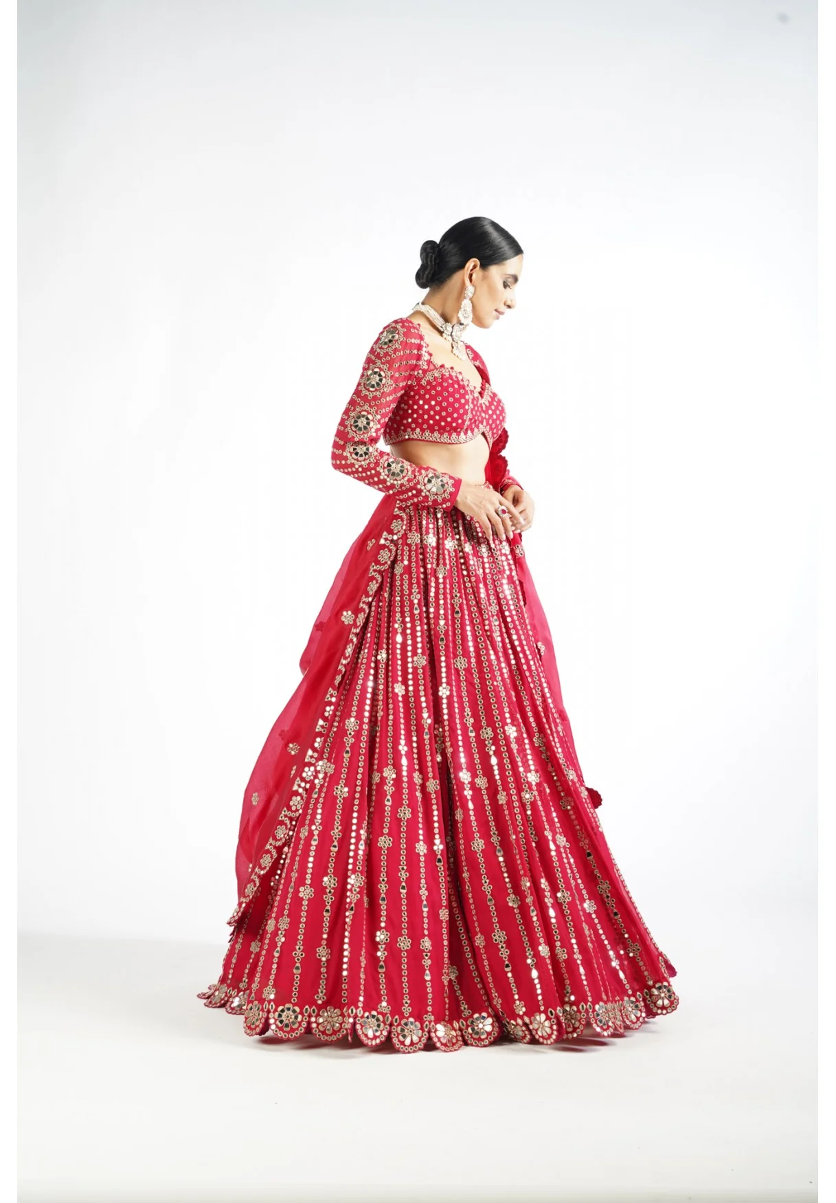 Crimson Red Small Flower Linear Lehenga Set - Image 3