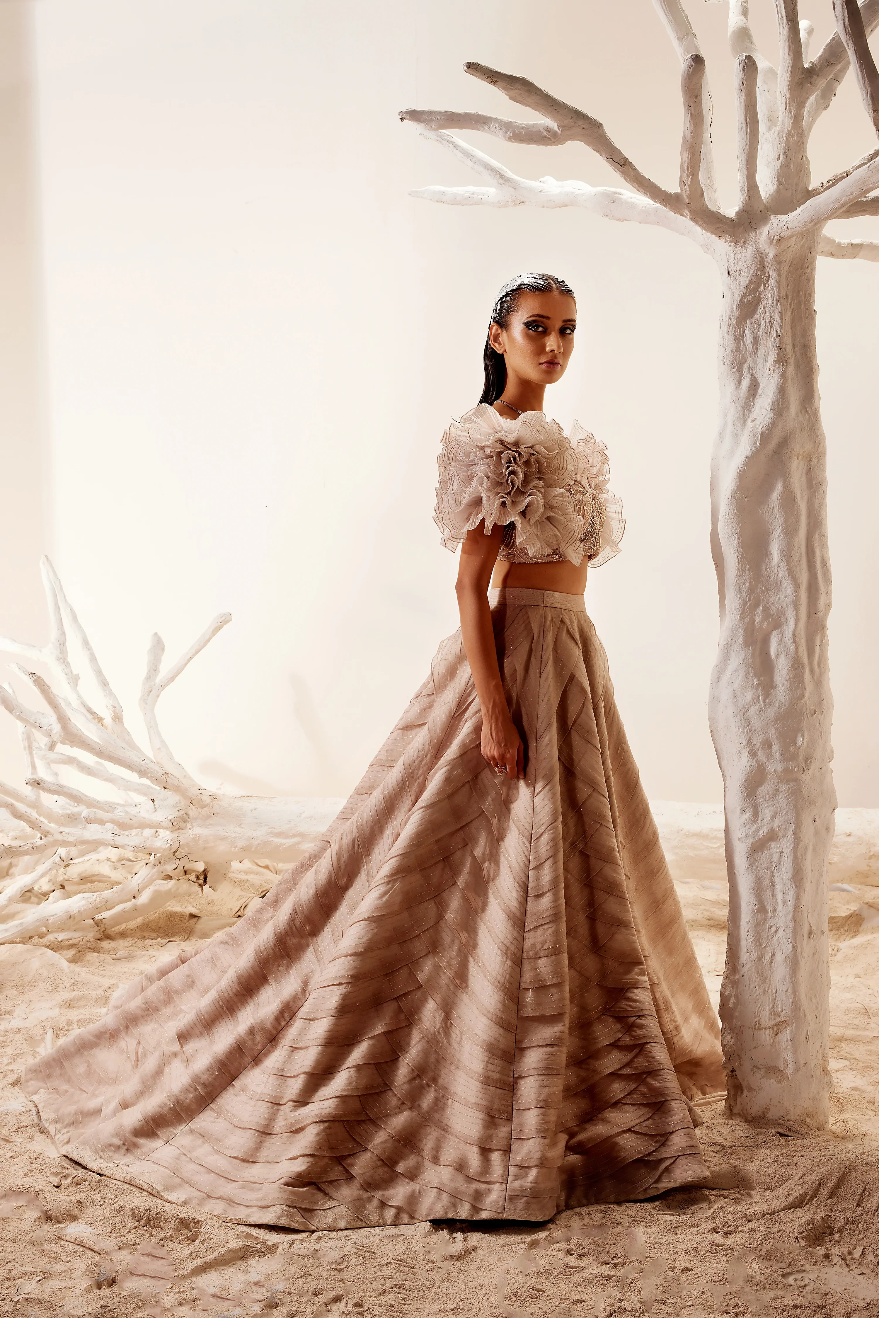 Crush Organza Ruffle Blouse With Layered Skirt - Image 6