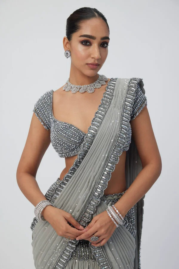 Crystal Grey Pre Draped Saree Set - Image 2