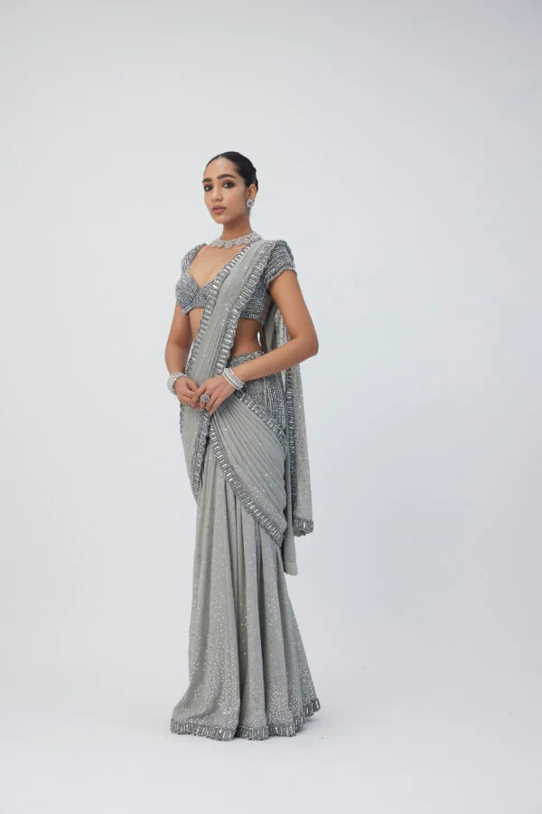 Crystal Grey Pre Draped Saree Set - Image 3