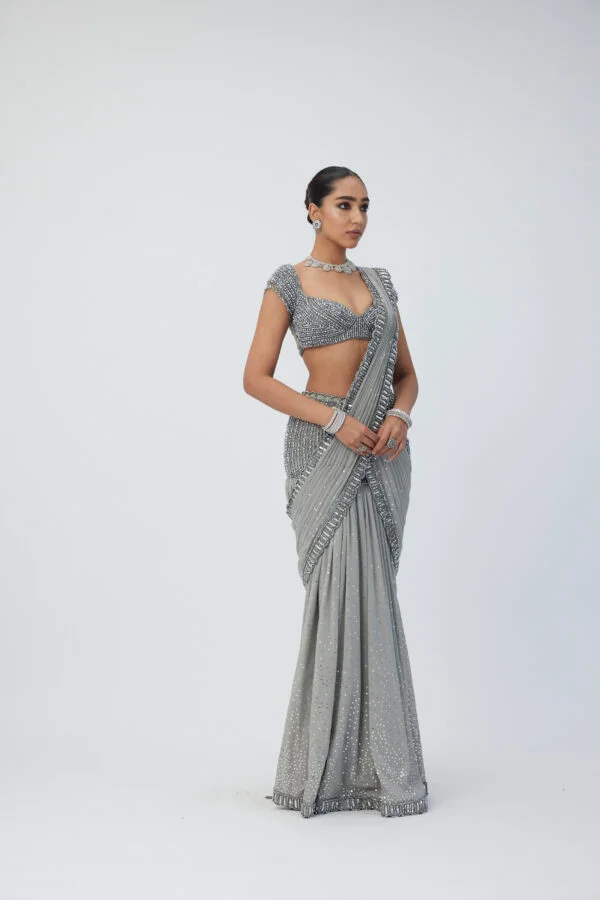 Crystal Grey Pre Draped Saree Set - Image 4