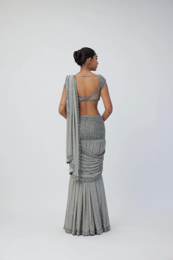 Crystal Grey Pre Draped Saree Set - Image 5