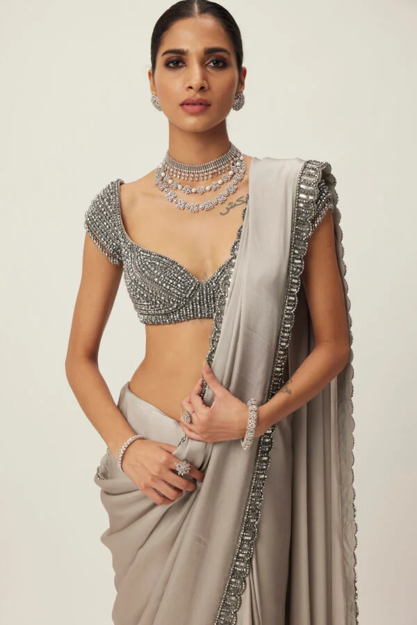Crystal Grey Satin Saree Set - Image 2