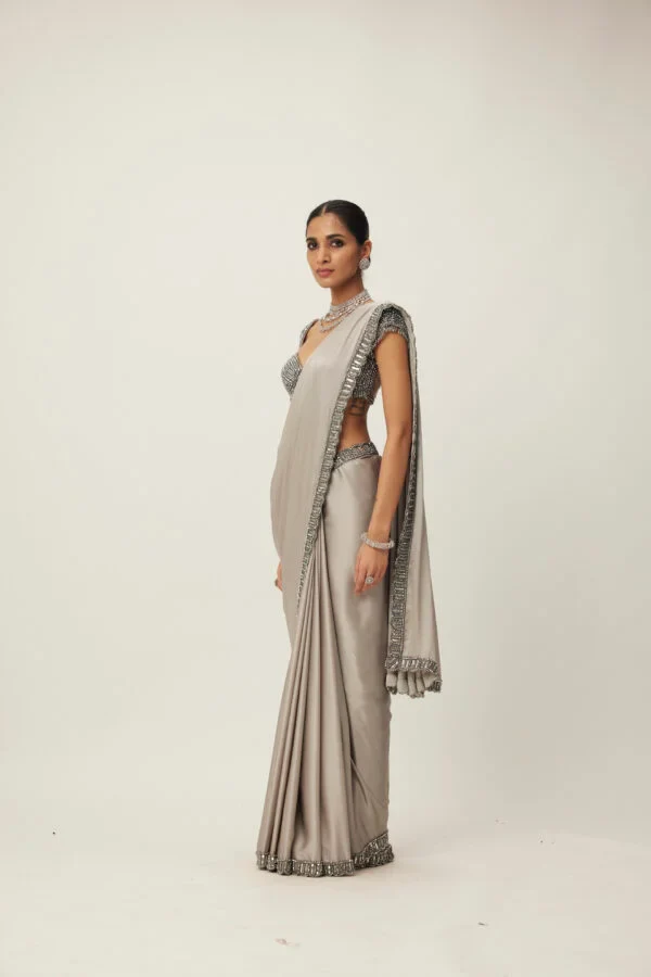 Crystal Grey Satin Saree Set - Image 3