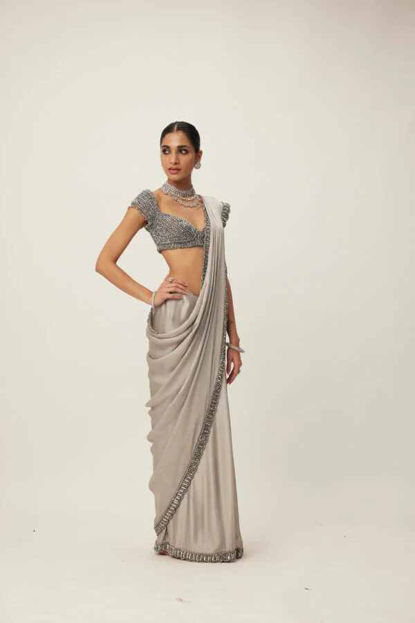 Crystal Grey Satin Saree Set - Image 4