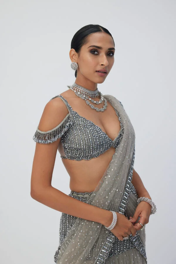 Crystal Grey Sequin Scattered Pre Draped Saree Set - Image 2