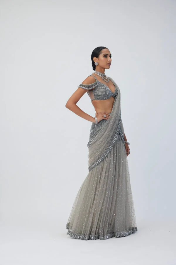 Crystal Grey Sequin Scattered Pre Draped Saree Set - Image 4