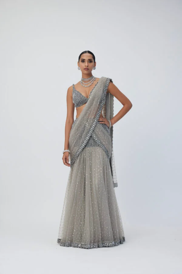 Crystal Grey Sequin Scattered Pre Draped Saree Set - Image 5
