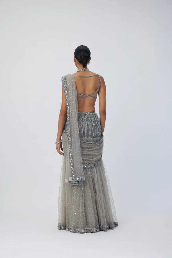 Crystal Grey Sequin Scattered Pre Draped Saree Set - Image 6