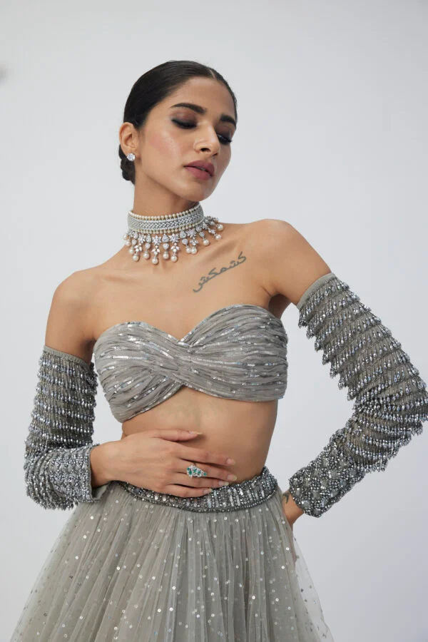Crystal Grey Tulle Lehenga Set - Image 2