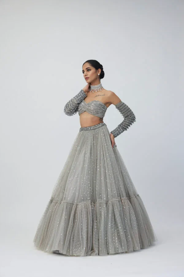 Crystal Grey Tulle Lehenga Set - Image 3
