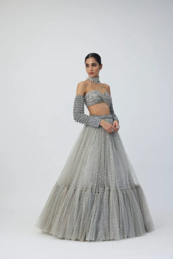 Crystal Grey Tulle Lehenga Set - Image 4