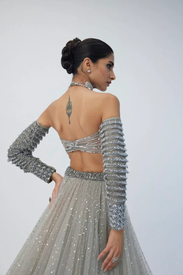 Crystal Grey Tulle Lehenga Set - Image 7
