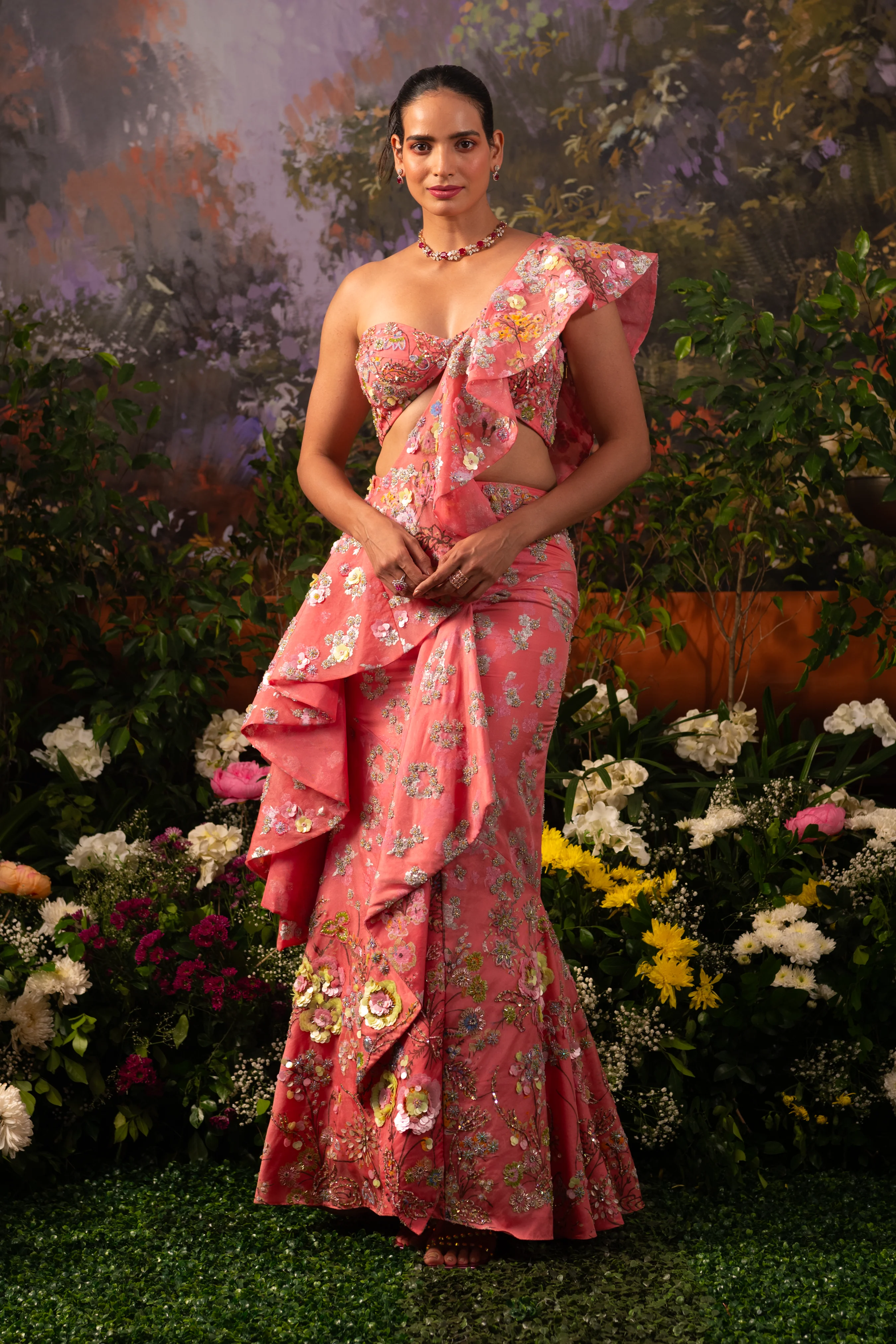 Dahlia Pink Ruffle Draped Saree