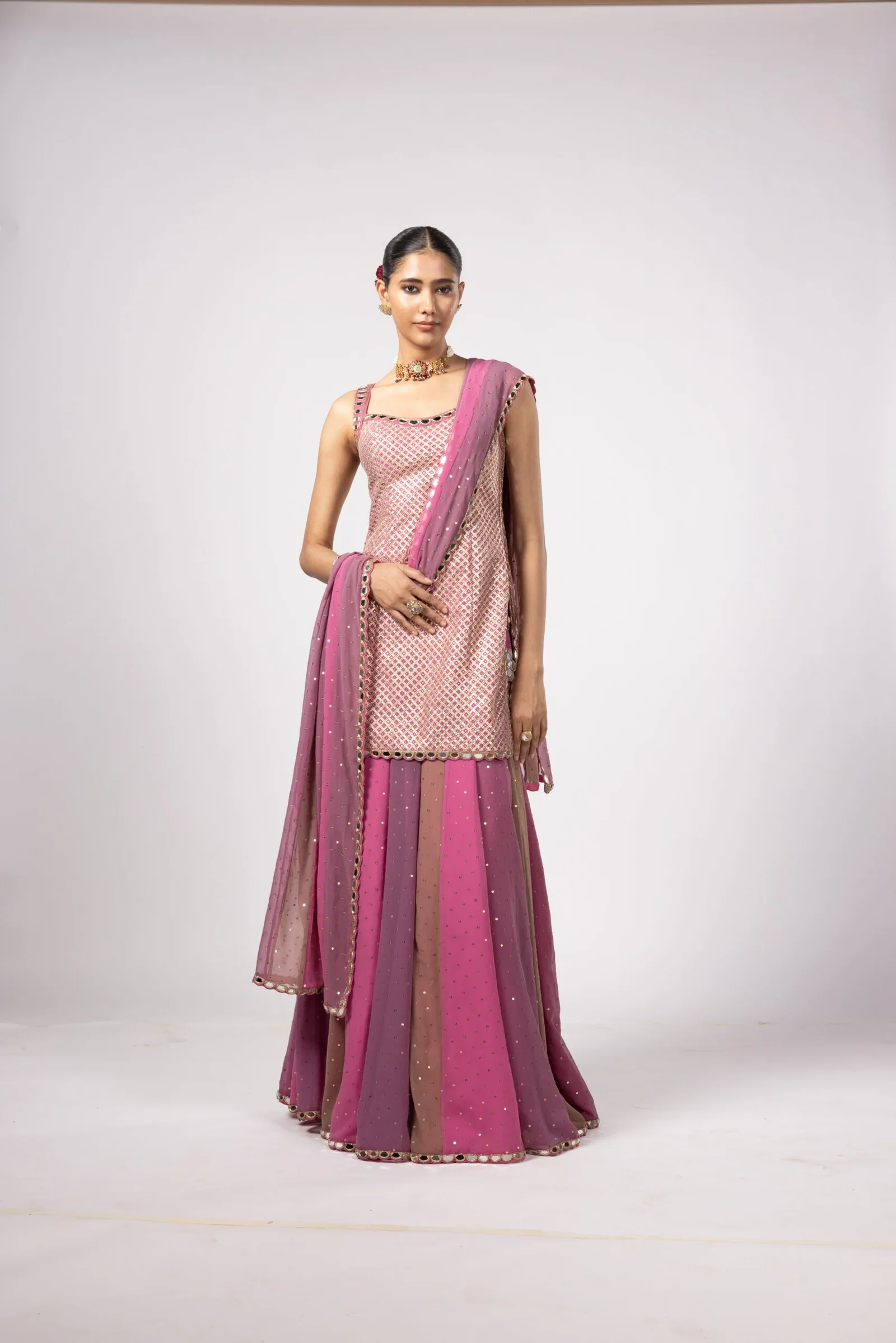 Dark Blush Kurta Lehenga Pants Set