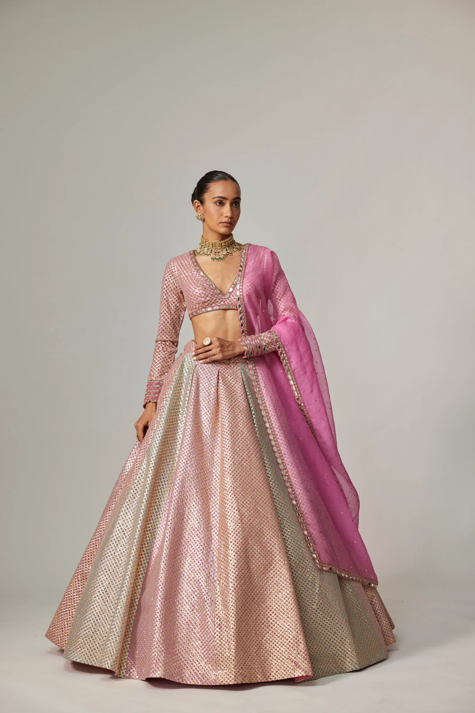 Dark Blush Multicolor Metallic Gota Lehenga With Dark Blush Dupatta