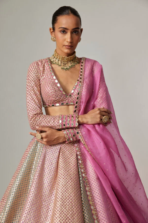 Dark Blush Multicolor Metallic Gota Lehenga With Dark Blush Dupatta - Image 5