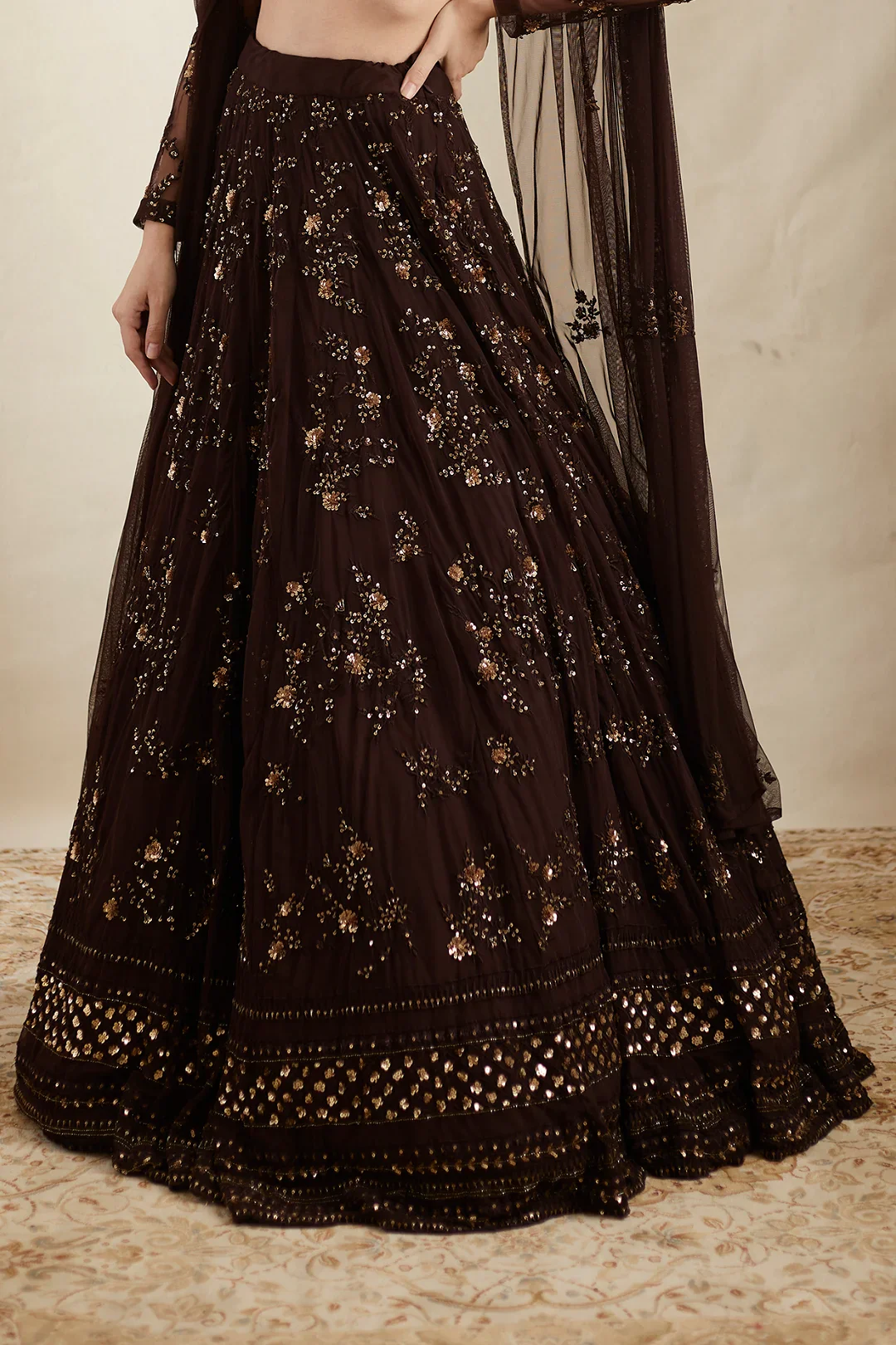 Dark Coffee Thread Work Lehenga Set - Image 3