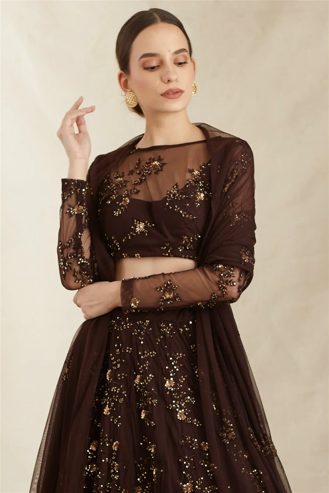 Dark Coffee Thread Work Lehenga Set - Image 4
