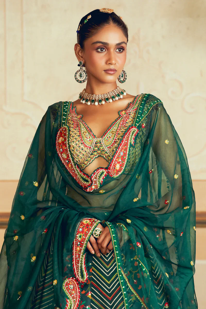 Dark Green Jacquard Silk Banarasi Lehenga Set - Image 2