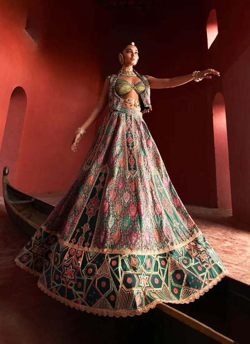 Dark Green Jamawar Lehnga With Jacket