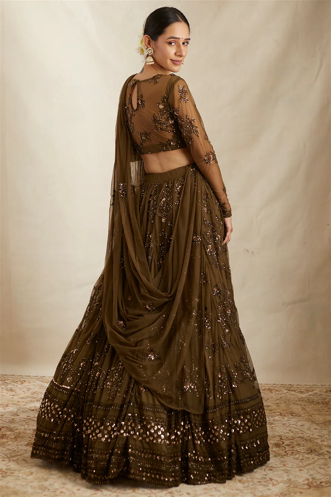 Dark Green Thread Work Lehenga Set - Image 2