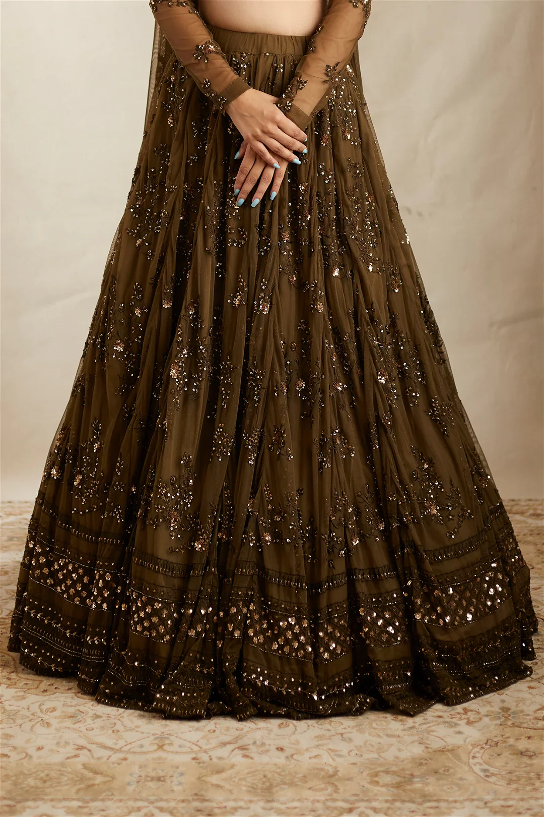 Dark Green Thread Work Lehenga Set - Image 3