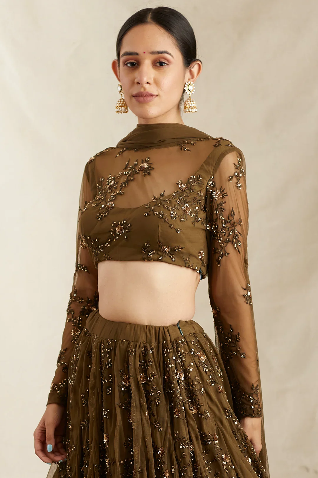 Dark Green Thread Work Lehenga Set - Image 4