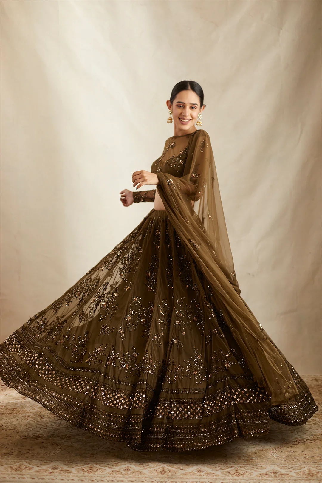 Dark Green Thread Work Lehenga Set - Image 5