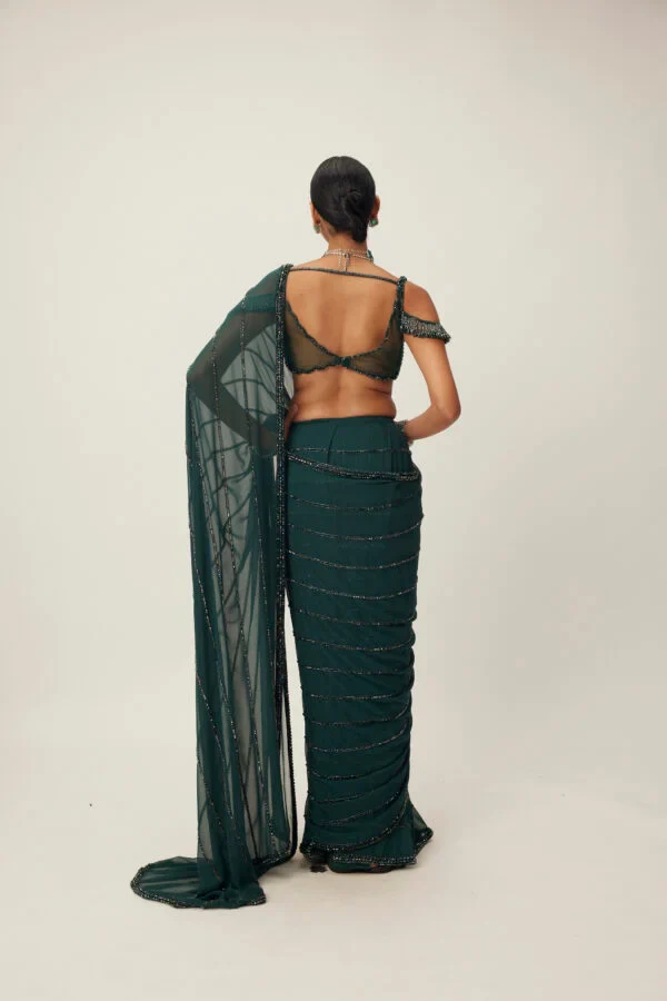 Dark Jade Green Crystal Linear Embroidered Saree - Image 5