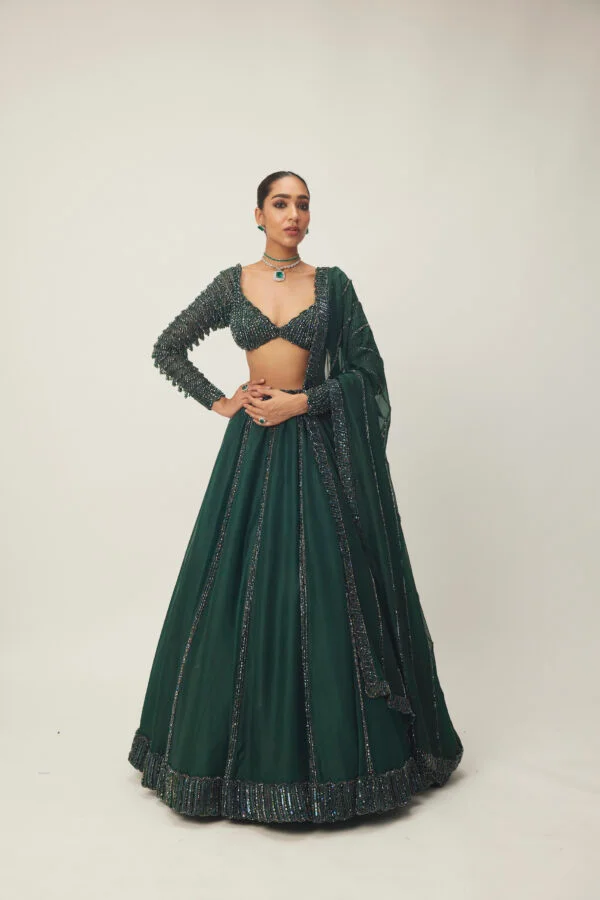 Dark Jade Green Organza Lehenga Set - Image 3