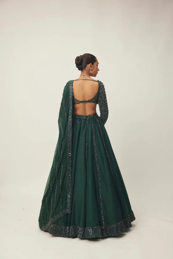 Dark Jade Green Organza Lehenga Set - Image 4