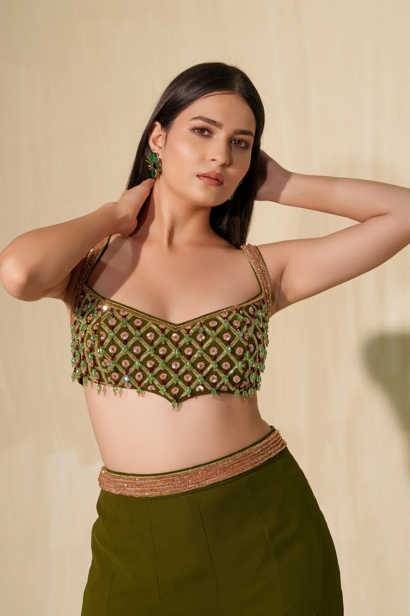 Dark Olive Green Crystal And Sequin Blouse Paired With Flared Pants And Cape - Image 2