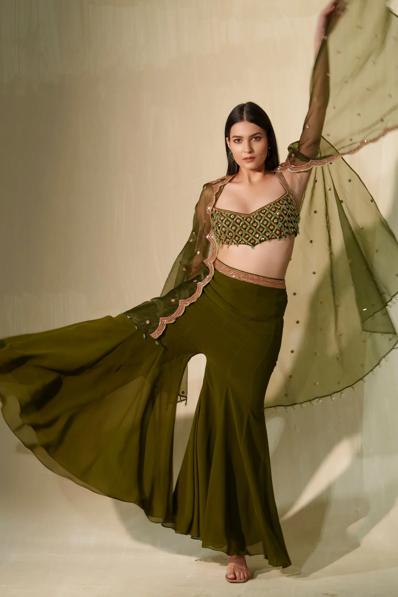 Dark Olive Green Crystal And Sequin Blouse Paired With Flared Pants And Cape - Image 4