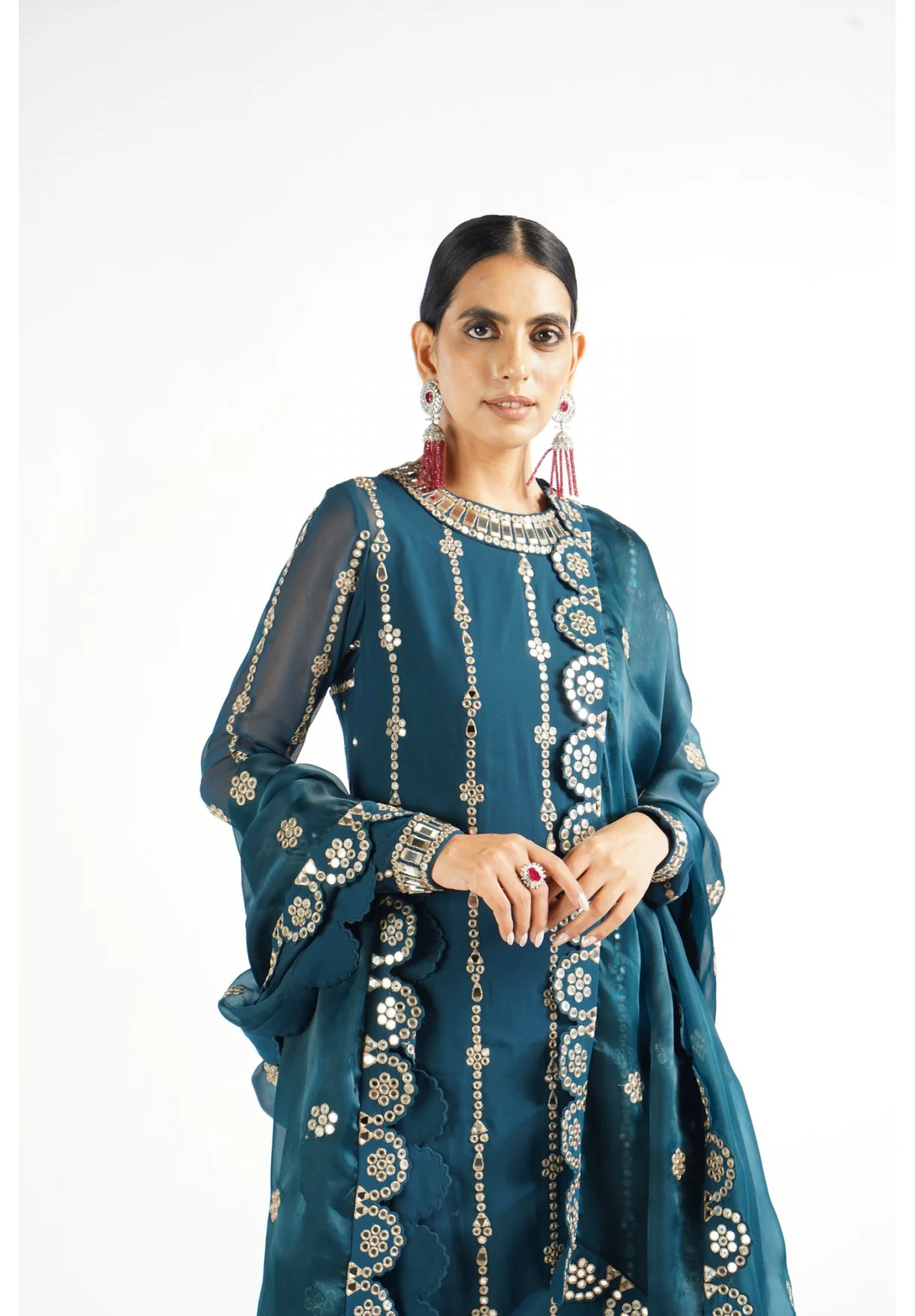 Dark Teal Embellished Pant Kurta Set - Image 4