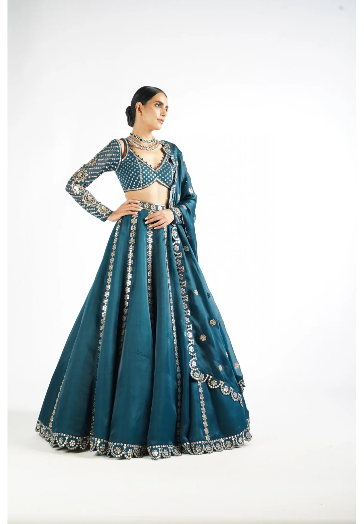 Dark Teal Flower Linear Lehenga Set - Image 2