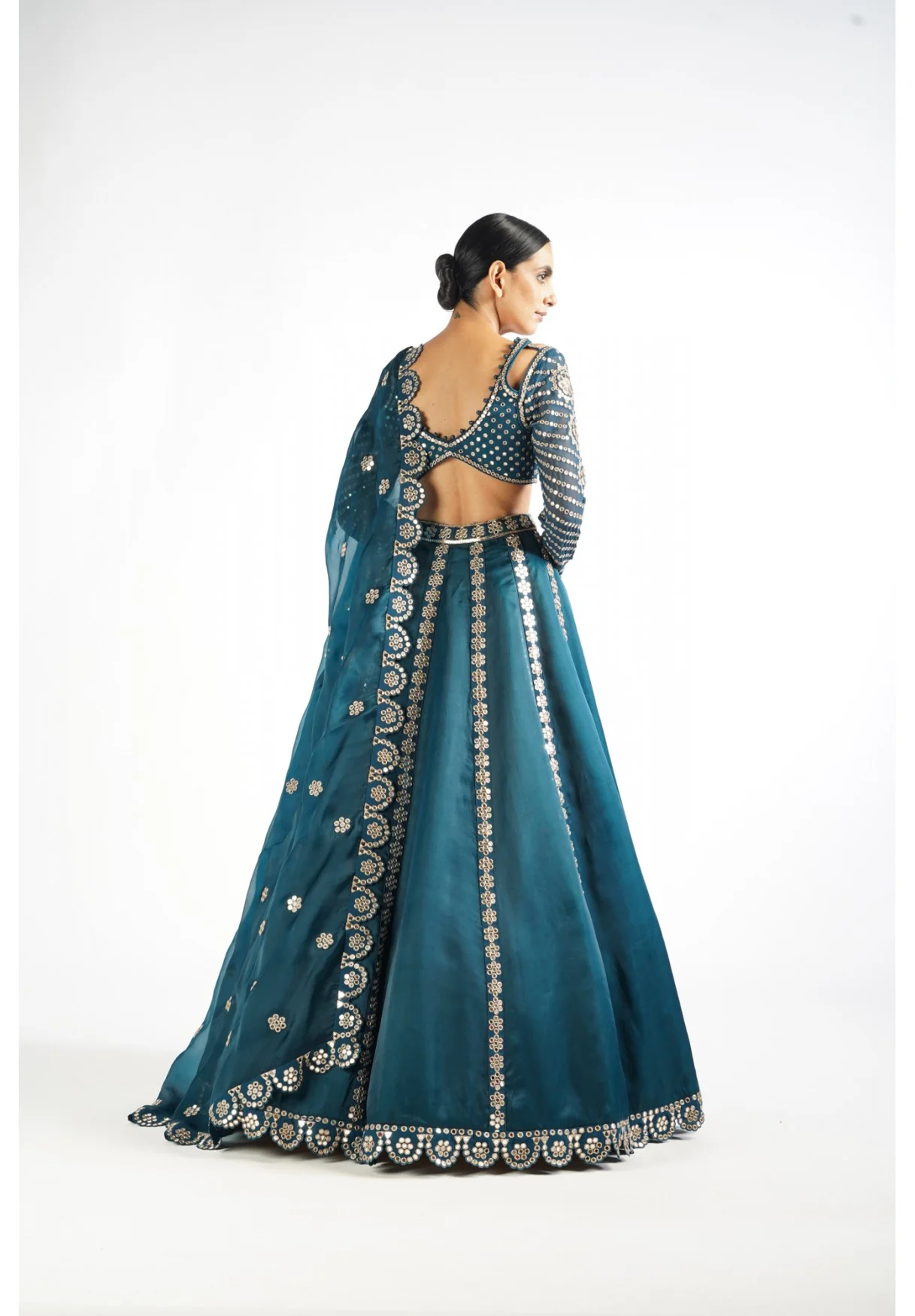 Dark Teal Flower Linear Lehenga Set - Image 3