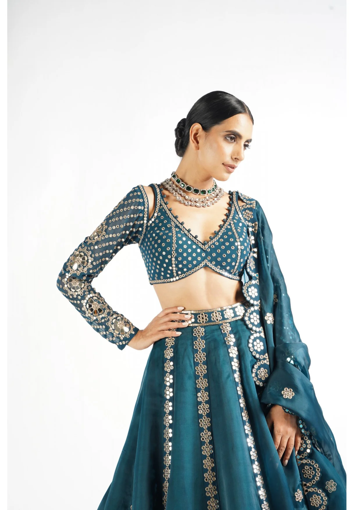 Dark Teal Flower Linear Lehenga Set - Image 4