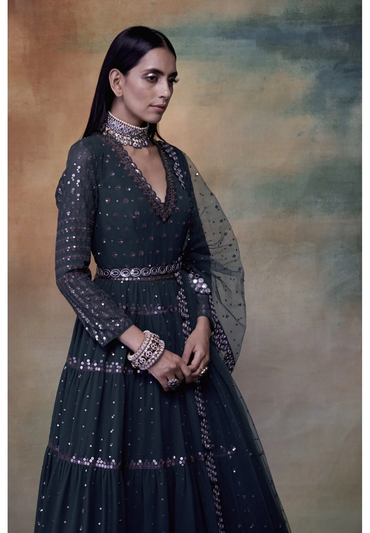 Dark Teal Green Tier Anarkali - Image 3