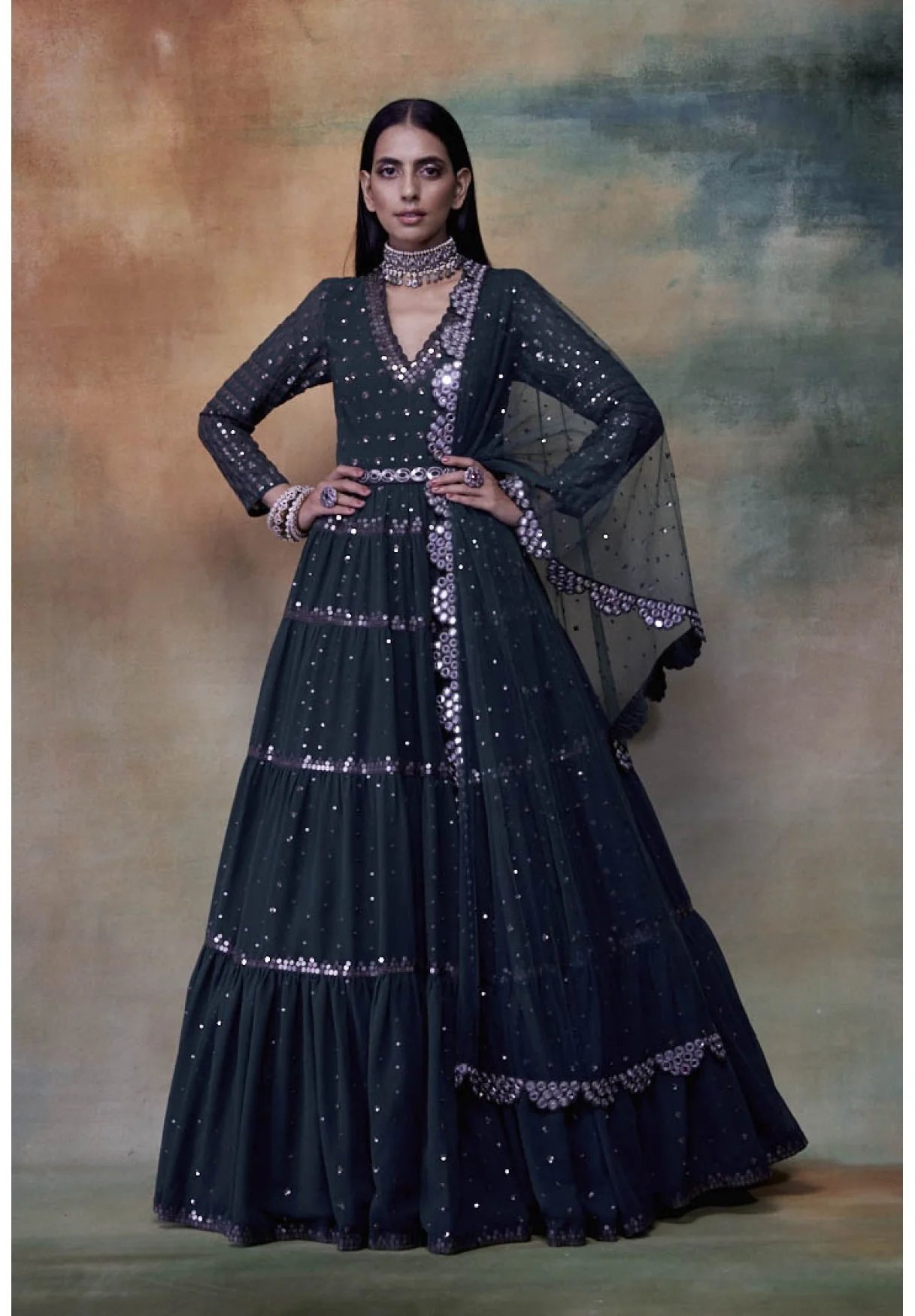 Dark Teal Green Tier Anarkali - Image 4
