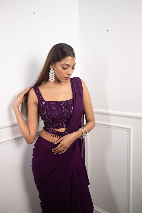 Deep Aubergine Drape Saree - Image 4