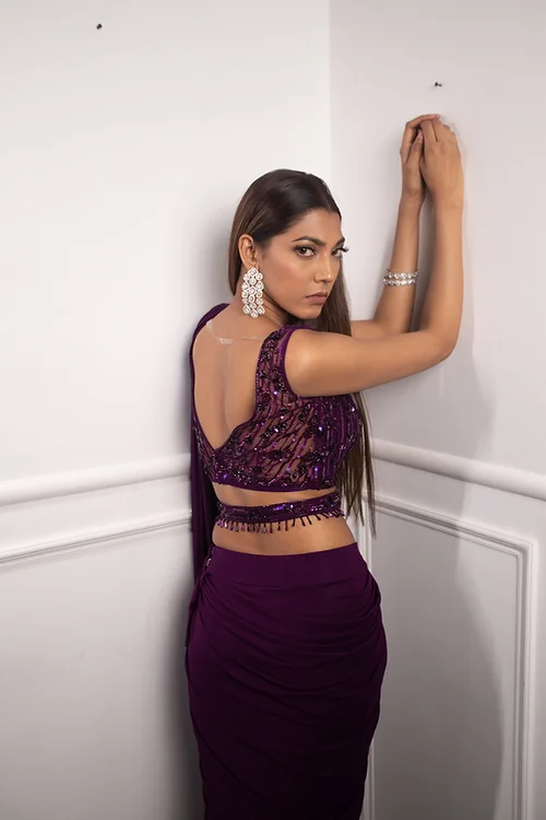 Deep Aubergine Drape Saree - Image 5