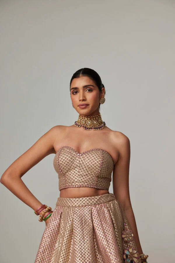 Deep Beige Multicolor Corset With Skirt - Image 3